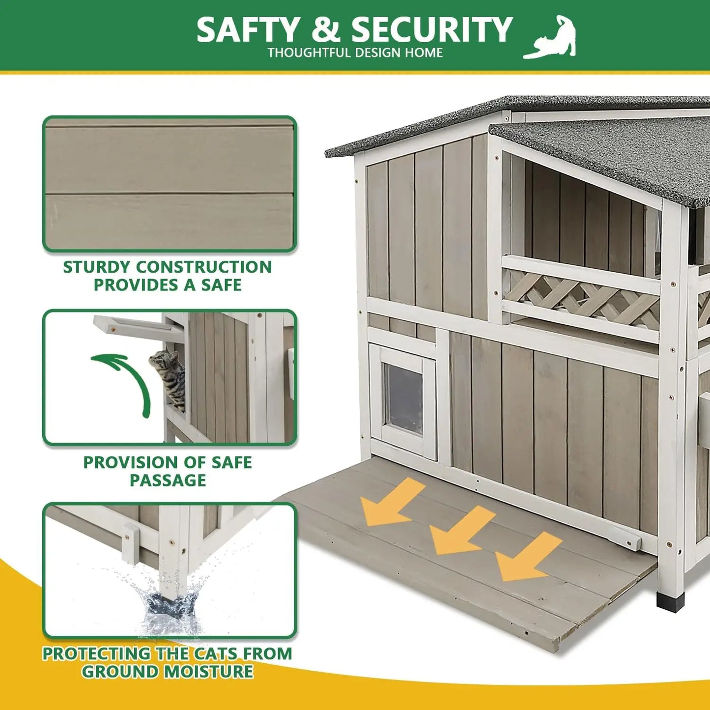 Petscosset Feral Cat Shelter Outdoor Weatherproof - Two Story Wooden Cat House Outside Feral Cat House with Balcony Waterproof,