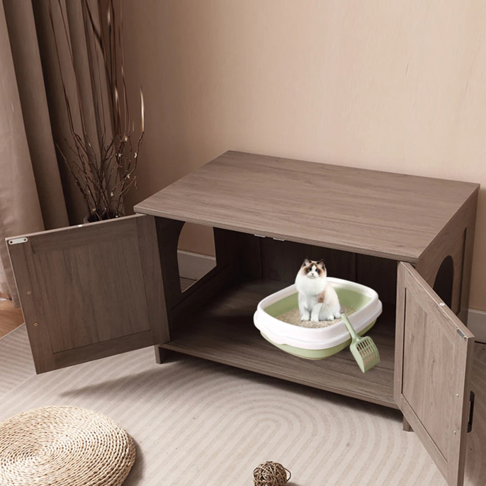 Cat Litter Box Enclosure Litter Box Furniture Hidden with Barn Door Wooden Cat Washroom Furniture Cat House End Table Fit Most