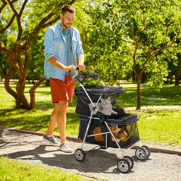 Pet Stroller for 2 Dogs/Cats, Double 4-Wheel Carrier Jogger for Small-Medium Pets, Waterproof Folding Crate with Soft Pad.