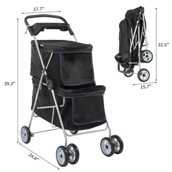 Pet Stroller for 2 Dogs/Cats, Double 4-Wheel Carrier Jogger for Small-Medium Pets, Waterproof Folding Crate with Soft Pad.
