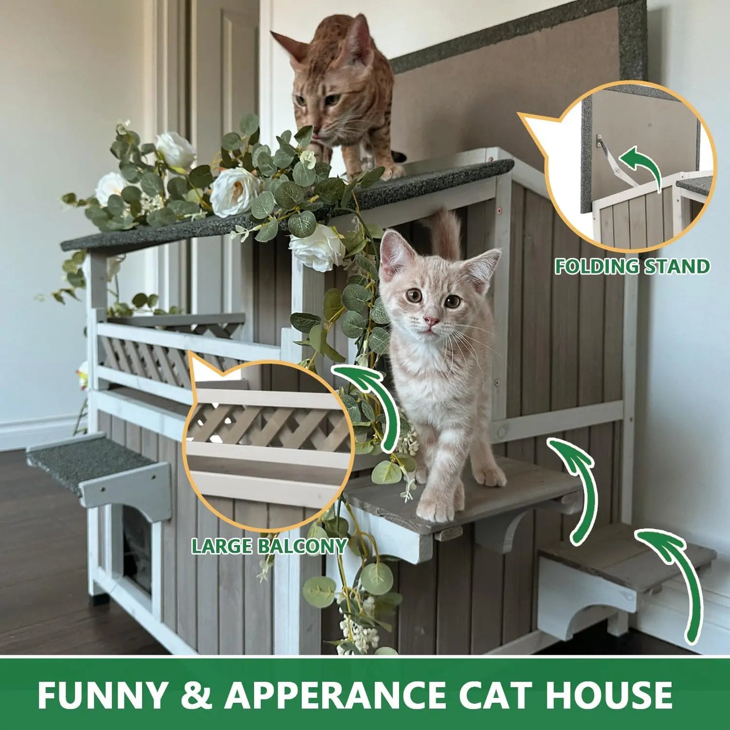 Petscosset Feral Cat Shelter Outdoor Weatherproof - Two Story Wooden Cat House Outside Feral Cat House with Balcony Waterproof,