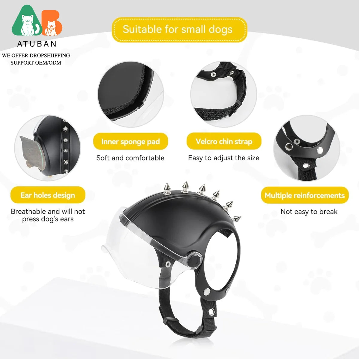 ATUBAN Dog Helmet Small Breed,Dog Motorcycle Helmet Drop-Down Clear Visor for Outdoor Motorcycling Windproof Pet Hat with Rivet