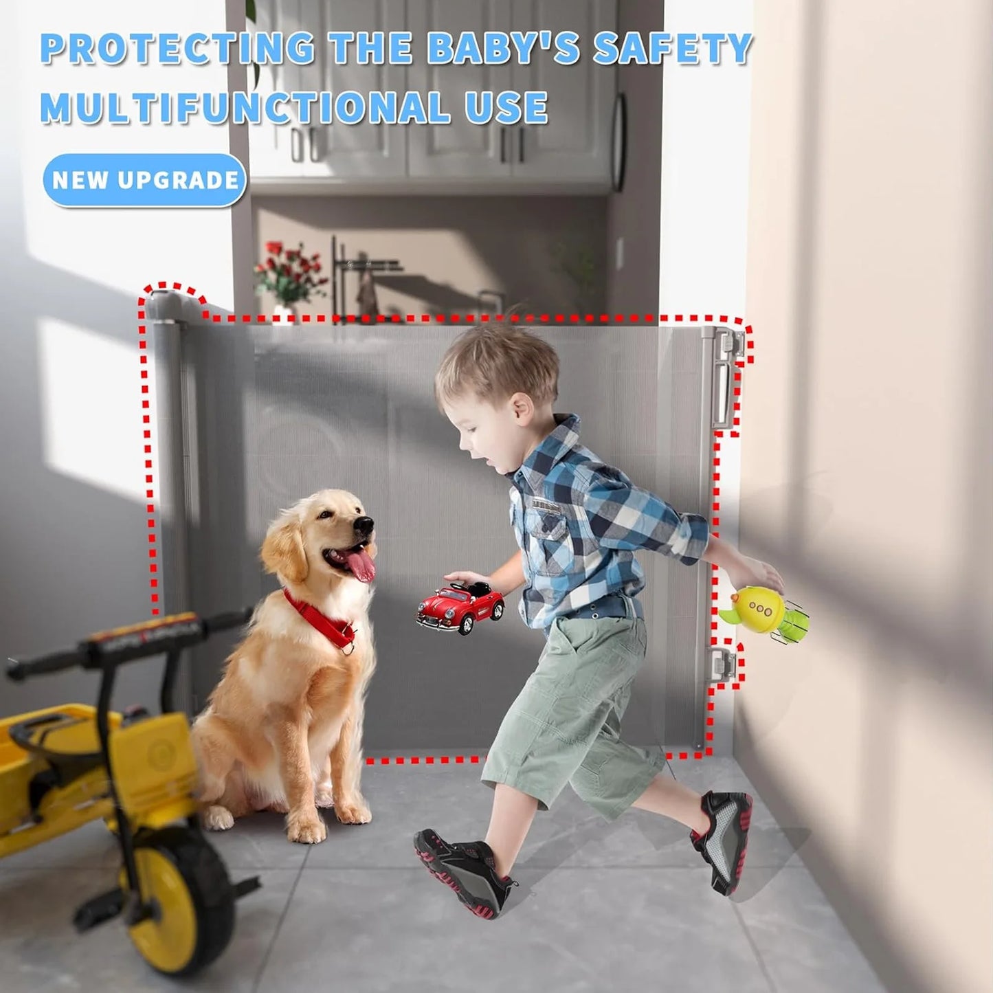 Extra Wide Kids Pets Gate Retractable Dog Gate for Babies and Pets, White Child Baby Gates, One Handed Operation Mesh Safety