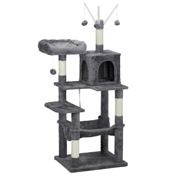 57" Cat Tree Tower for Indoors, Cat House with Padded Bed, Toy Balls, Cozy Condo, Sisal Scratching Posts, Dark Grey.