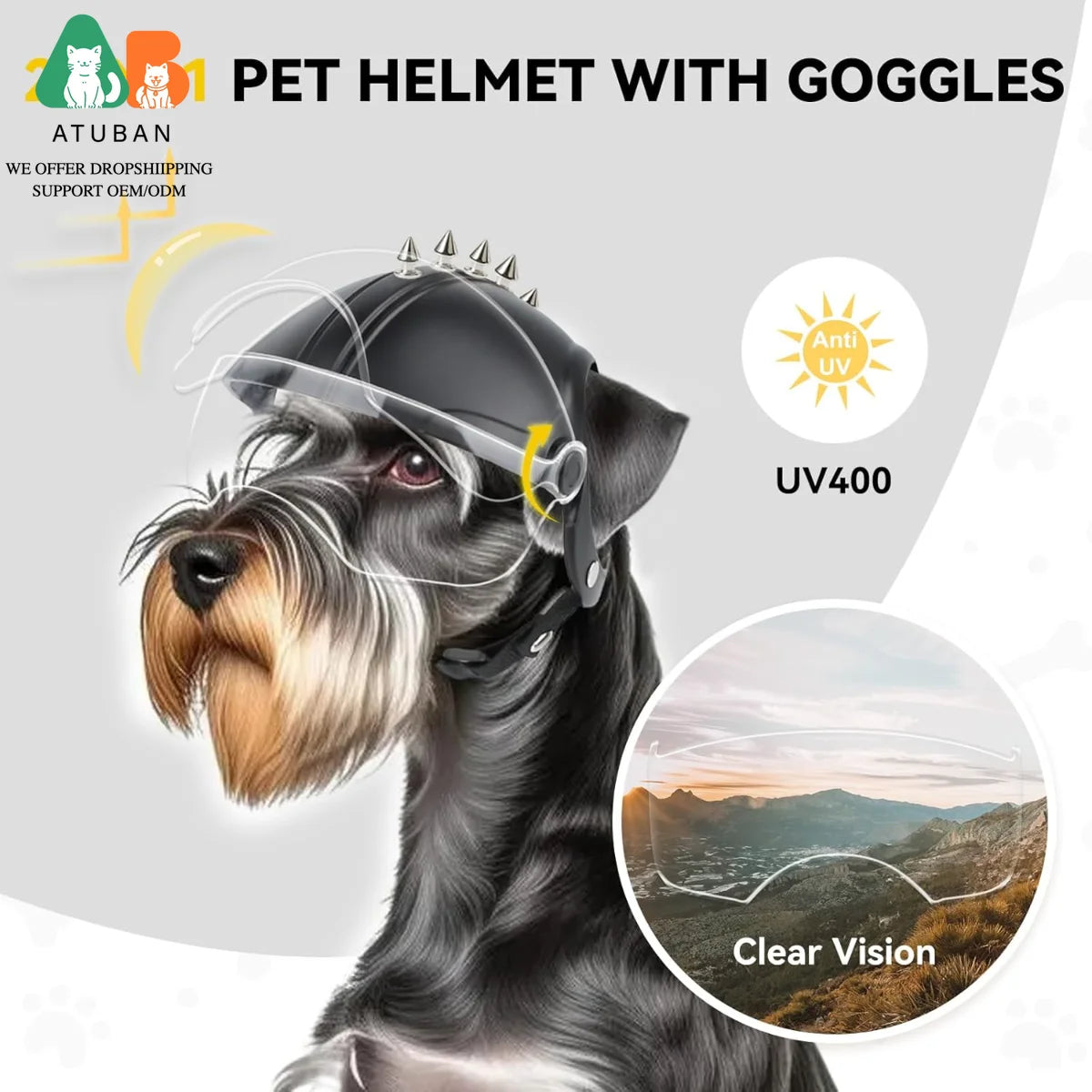 ATUBAN Dog Helmet Small Breed,Dog Motorcycle Helmet Drop-Down Clear Visor for Outdoor Motorcycling Windproof Pet Hat with Rivet