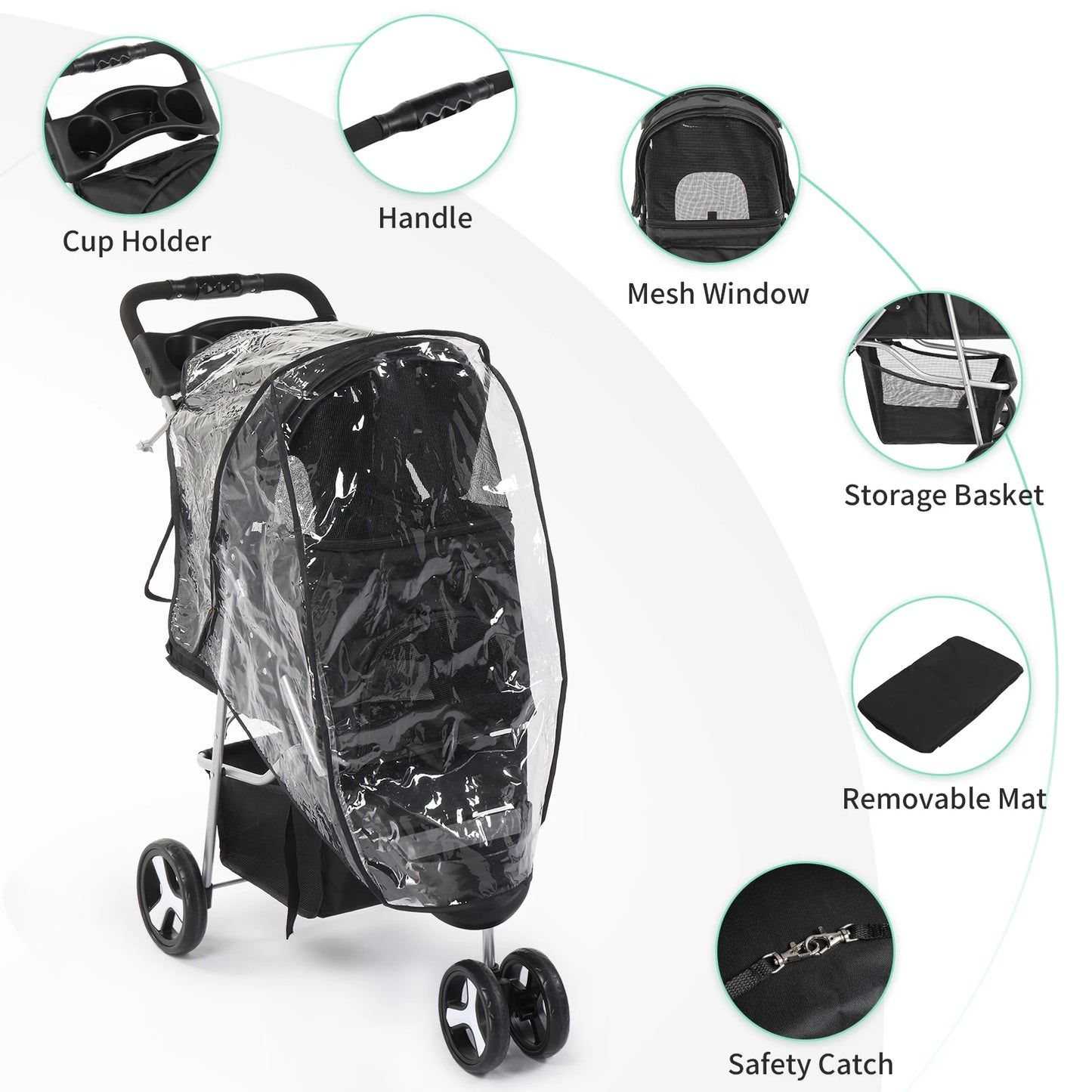3 Wheels Pet Stroller, Dog Cat Cage Jogger for Med/Small Pets, Foldable & Waterproof Travel Carrier with Cup Holder.