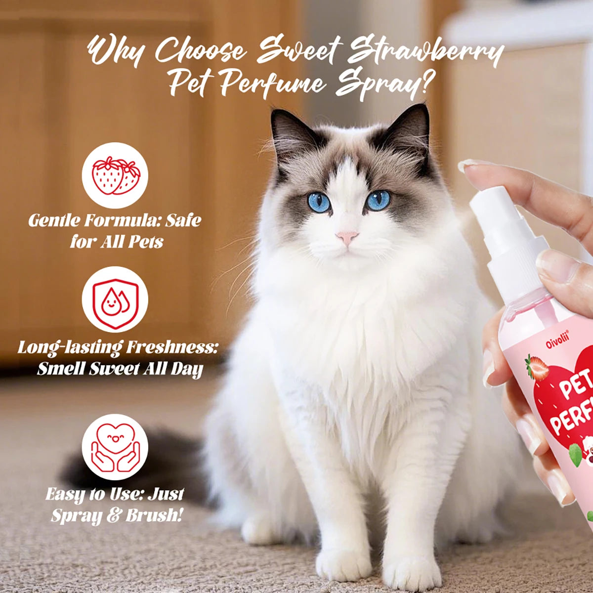 100ml Strawberry Scent Pet Perfume Spray Long-Lasting Deodorant Natural Formula for Dogs Cats All Breeds Air Freshener