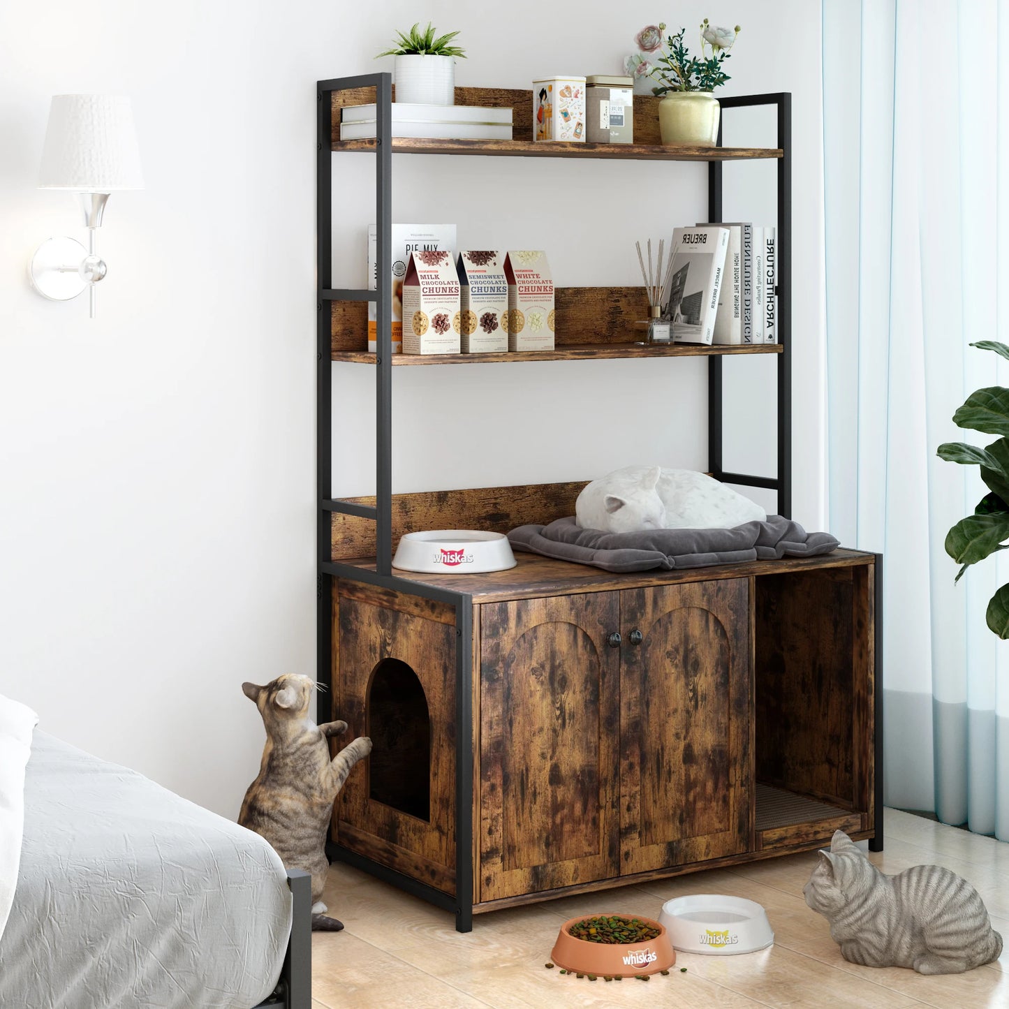 Wooden Hidden Cat Litter Box Enclosure Furniture with Shelves 2 Door Indoor Cat Sanctuary House with Scratch Pad Pets Product