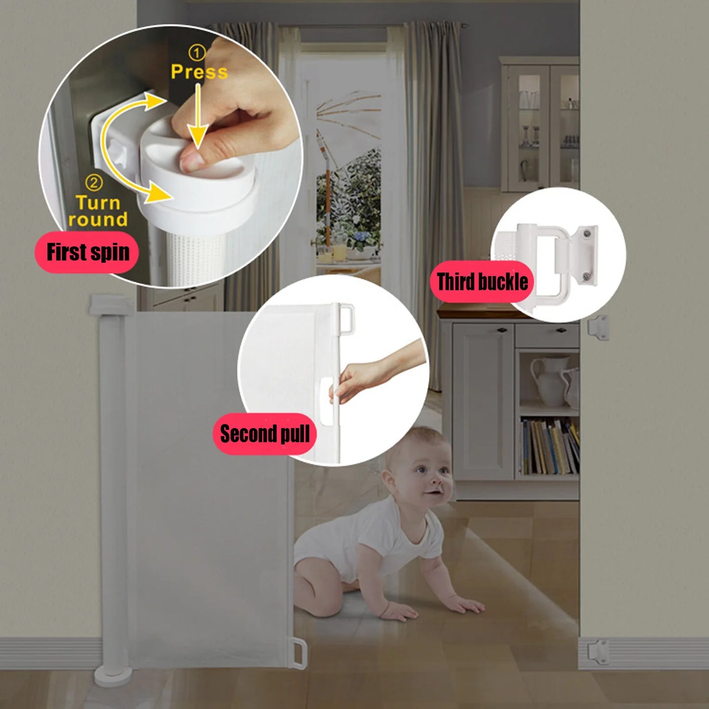Extra Wide Kids Pets Gate Retractable Dog Gate for Babies and Pets, White Child Baby Gates, One Handed Operation Mesh Safety
