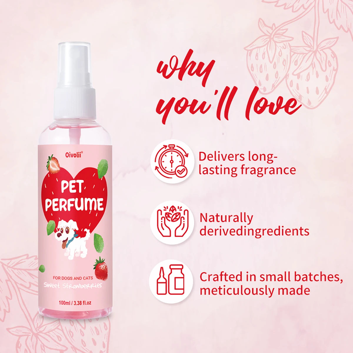 100ml Strawberry Scent Pet Perfume Spray Long-Lasting Deodorant Natural Formula for Dogs Cats All Breeds Air Freshener