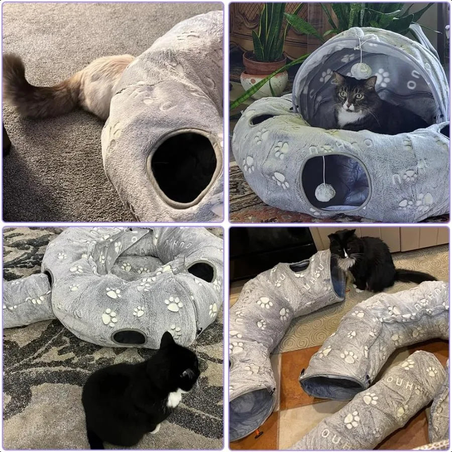 Cat Tunnel Bed Cat Tunnels for Indoor Cats Cat Donut Tunnel Toy with Washable Circle Cushion Straight Shaped Tunnel 4 Fluffy Ba