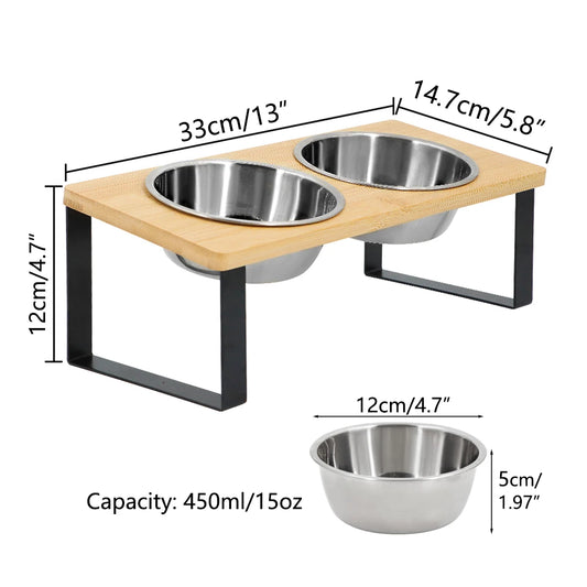 Elevated Cat Bowls with Food Mat 15° Tilted Stand Raised Cat Dishes for Food and Water Feeder 2 Stainless Steel Bowls for Cats
