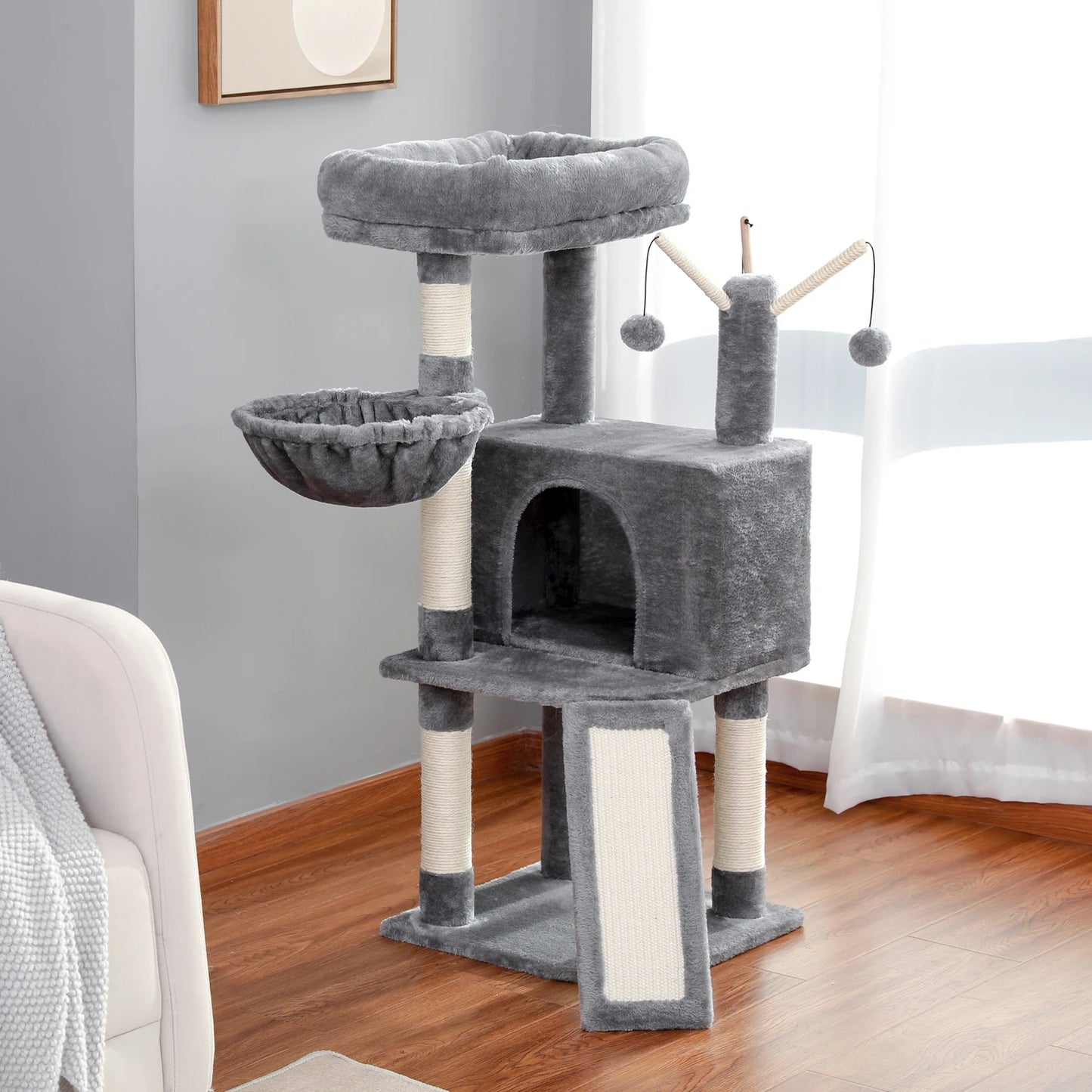 Cat Tree Tower Scratching Post Scratcher Cat House Kitten Toys with Big Conda Large High Perch Cat Hammock Hanging Balls