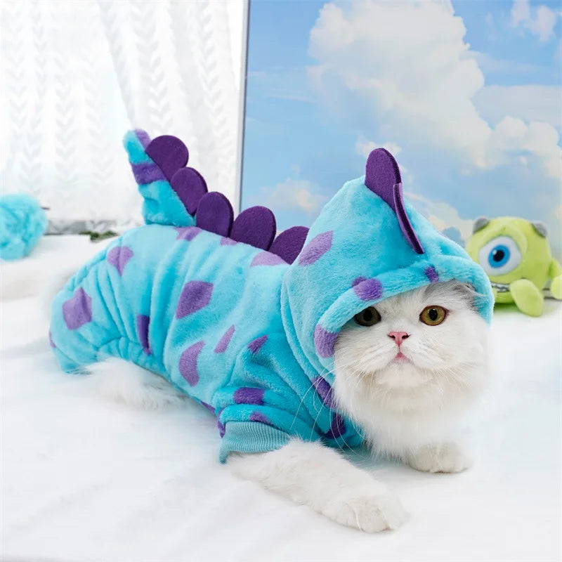 Dinosaur Plush Pet Costume 4-Leg Jumpsuit for Cats & Dogs Cute Winter Flannel Cosplay Outfit for Party Festival
