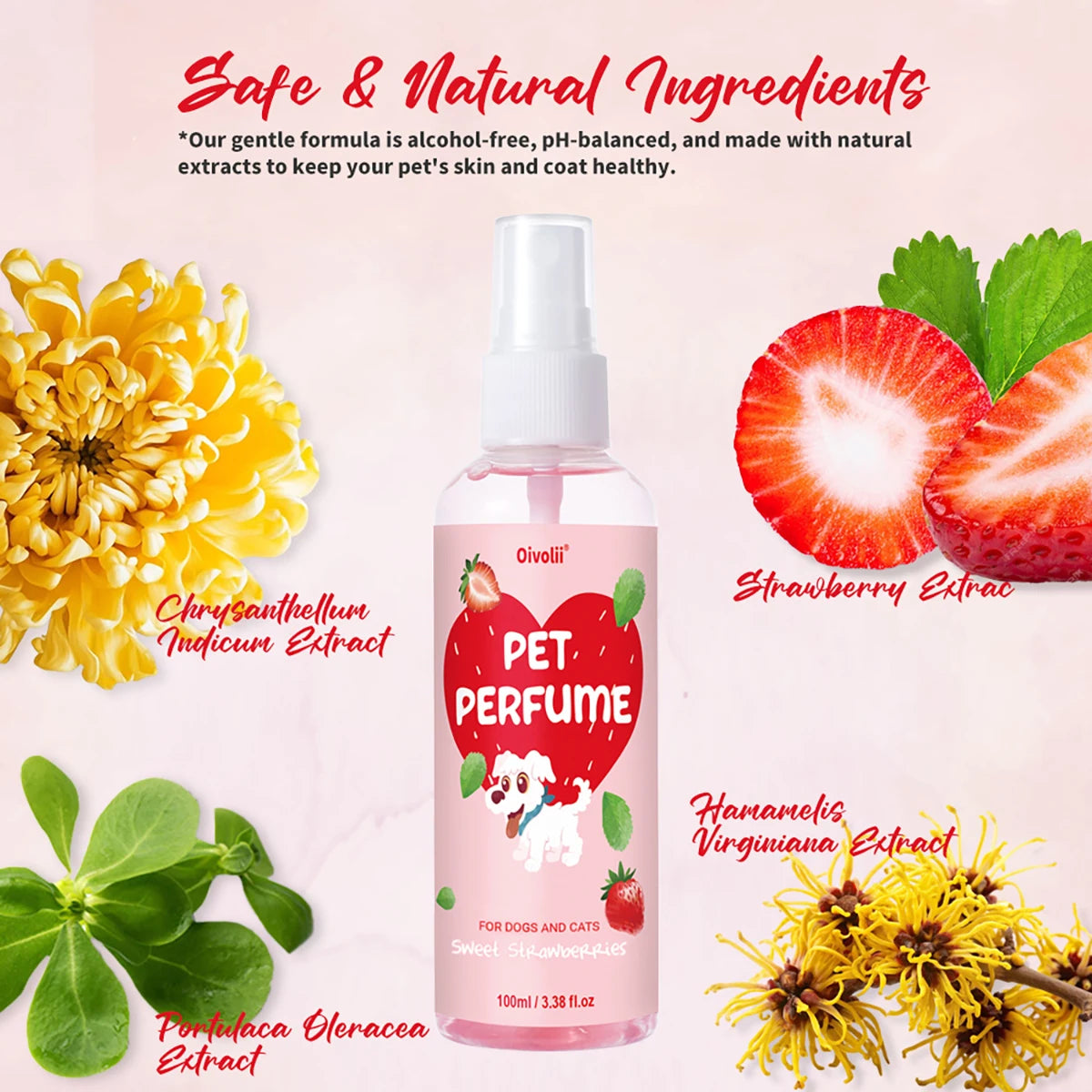 100ml Strawberry Scent Pet Perfume Spray Long-Lasting Deodorant Natural Formula for Dogs Cats All Breeds Air Freshener