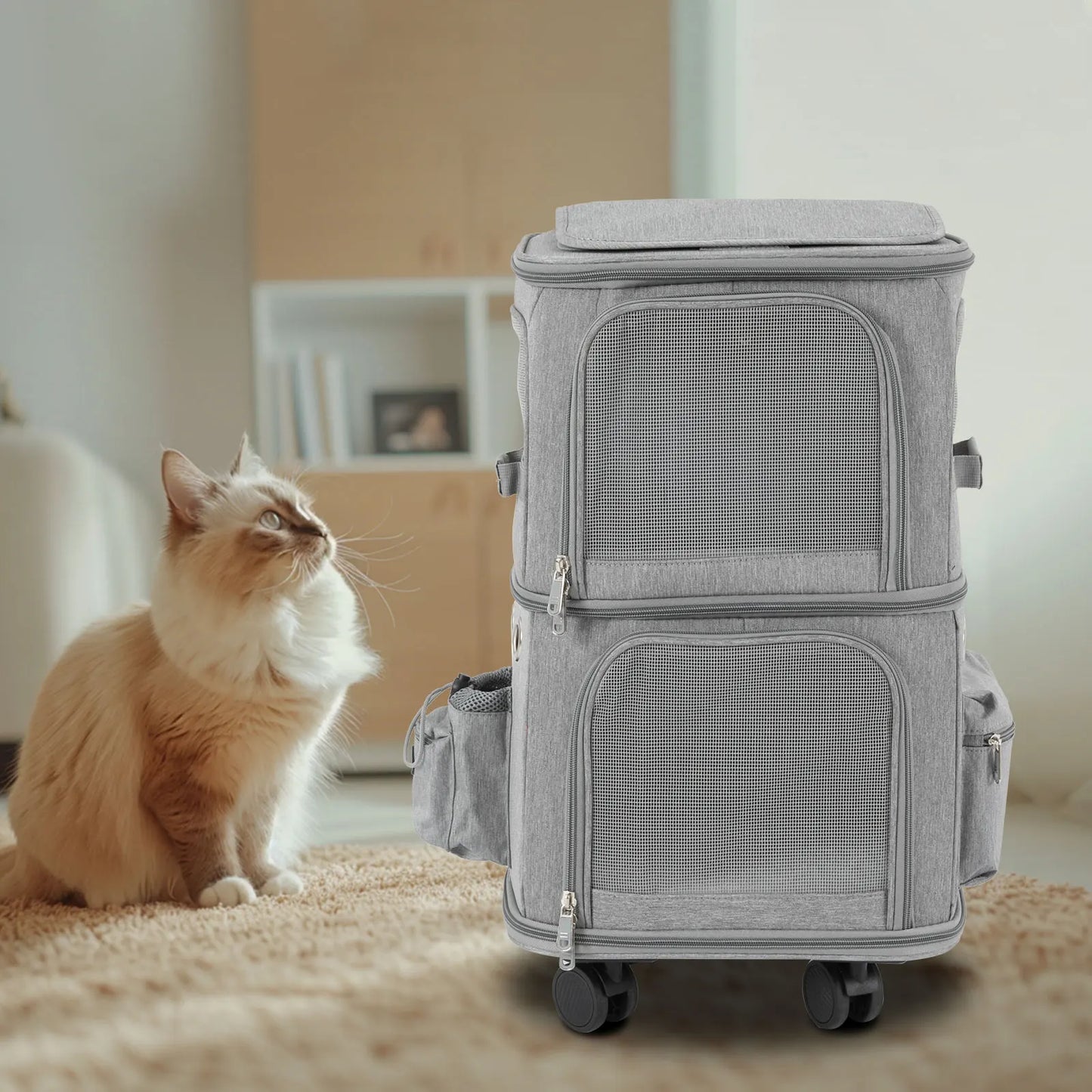 Double-Compartment Pet Rolling Carrier Cat Carrier w/Wheels Ventilated Design Pet Trolley Bag for 2 Pets Traveling, Camping