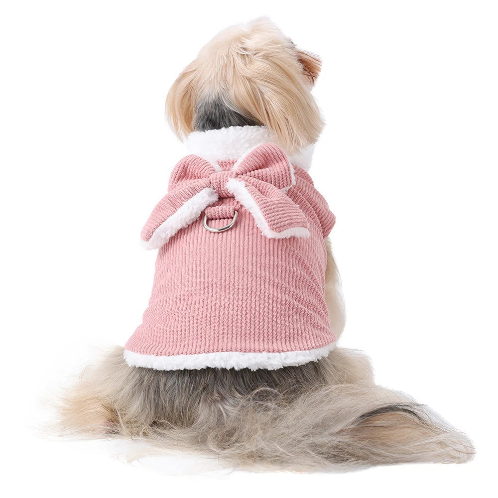 Winter Warm Cat Costume Corduroy Bow Puppy Kitty Coat With D-ring Cute Pet Jacket for Small Medium Dogs Cats Sphynx Pug Costume