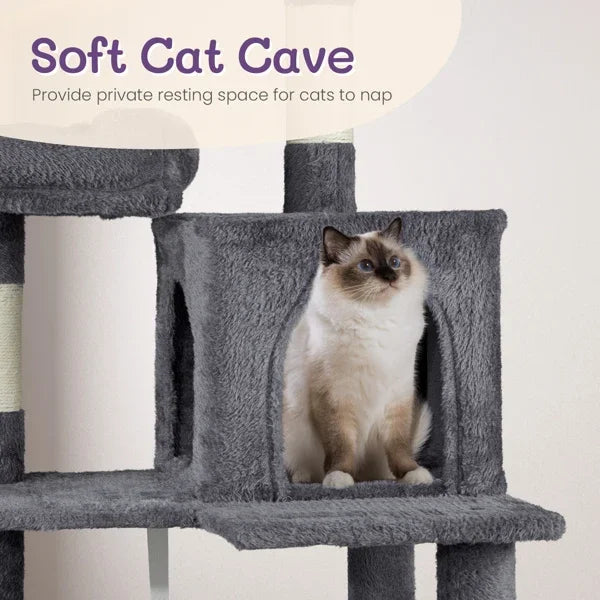 57" Cat Tree Tower for Indoors, Cat House with Padded Bed, Toy Balls, Cozy Condo, Sisal Scratching Posts, Dark Grey.