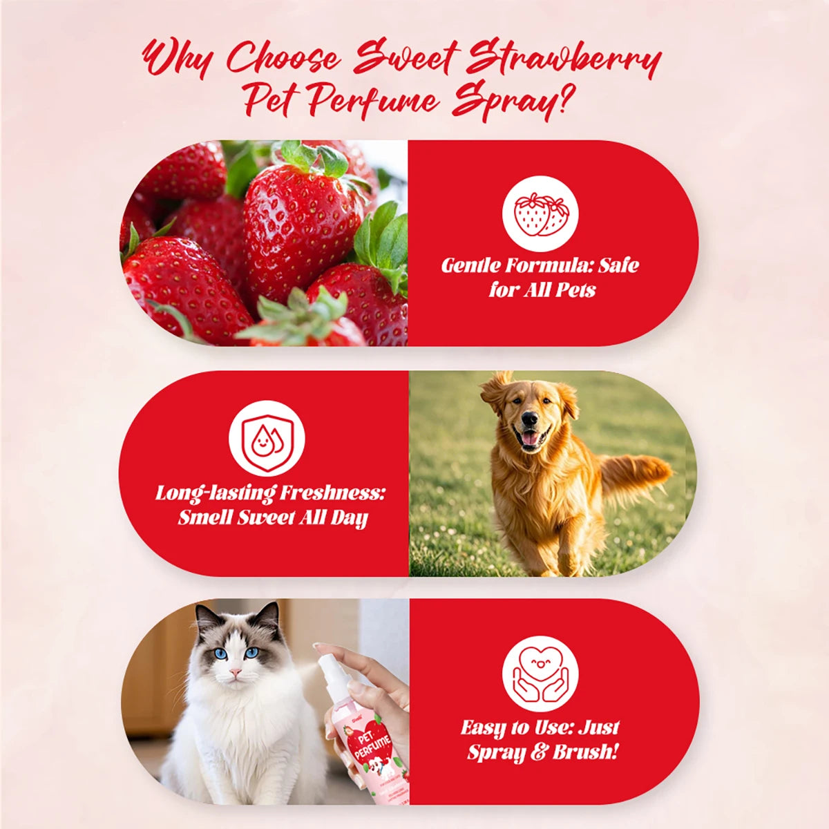 100ml Strawberry Scent Pet Perfume Spray Long-Lasting Deodorant Natural Formula for Dogs Cats All Breeds Air Freshener