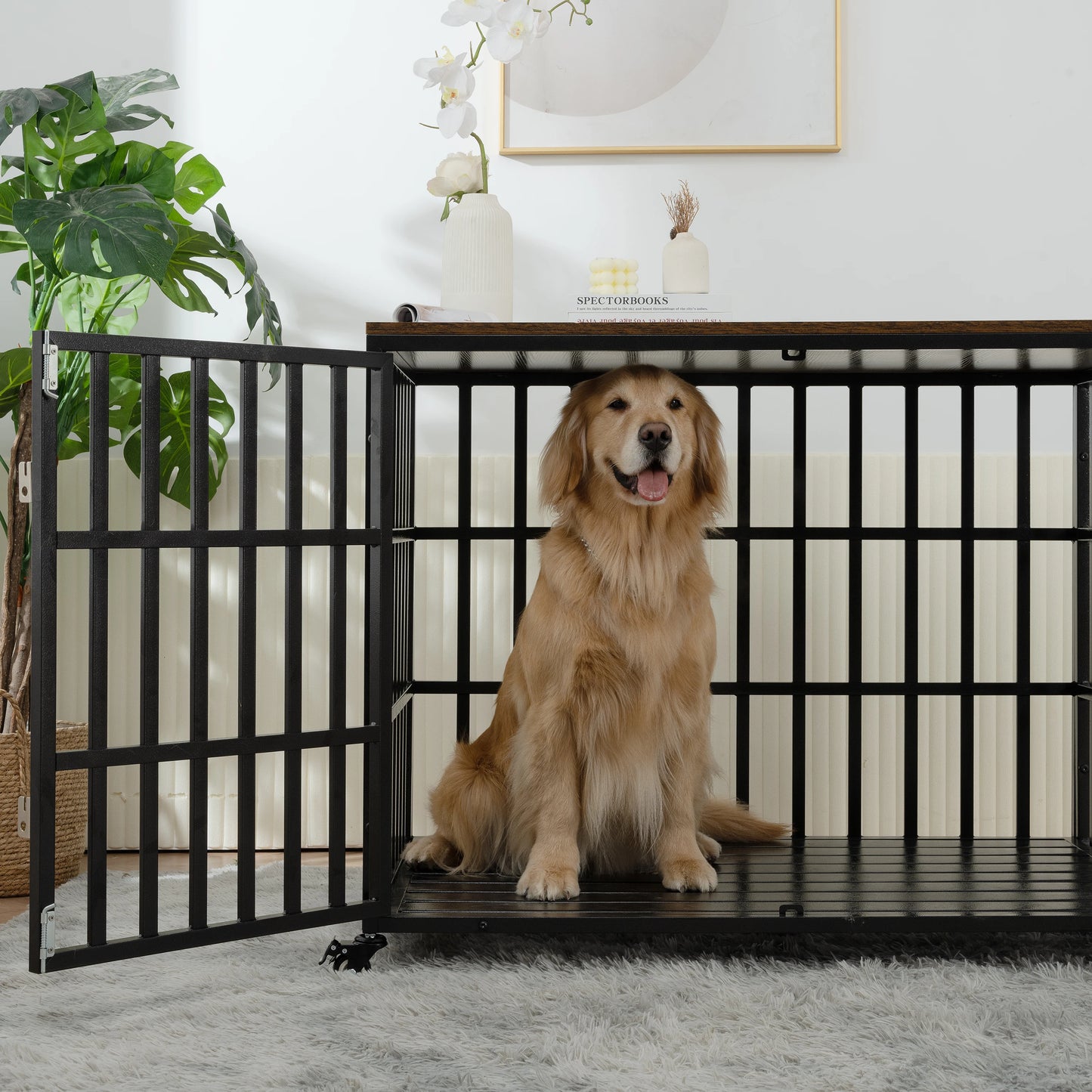42 "Heavy duty dog crate for large medium sized dogs, with 4 lockable wheels and 2 locks, wooden cage for pets kennel furniture