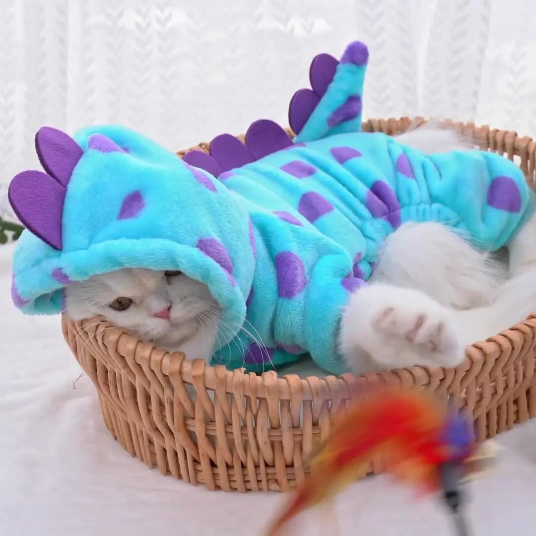 Dinosaur Plush Pet Costume 4-Leg Jumpsuit for Cats & Dogs Cute Winter Flannel Cosplay Outfit for Party Festival