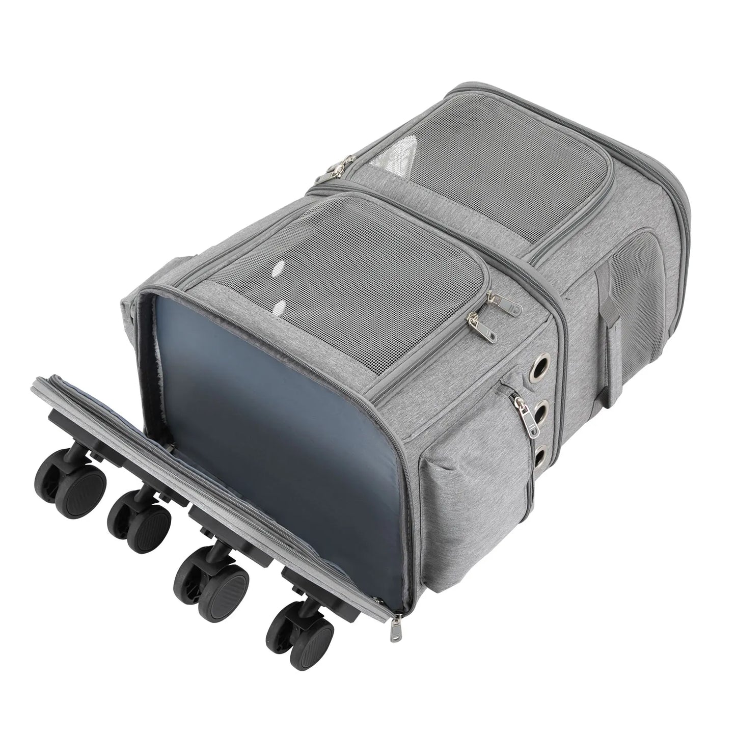 Double-Compartment Pet Rolling Carrier Cat Carrier w/Wheels Ventilated Design Pet Trolley Bag for 2 Pets Traveling, Camping