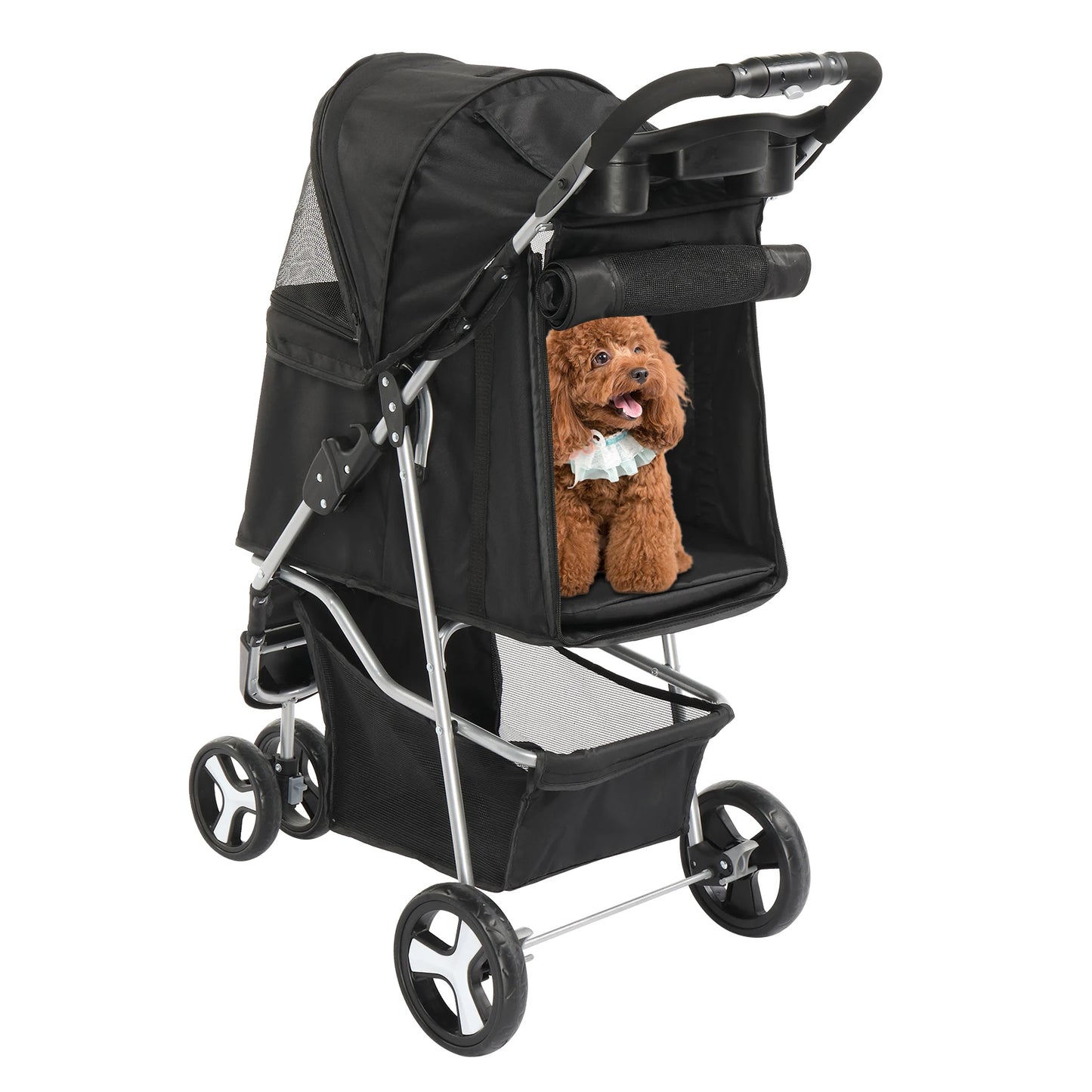 3 Wheels Pet Stroller, Dog Cat Cage Jogger for Med/Small Pets, Foldable & Waterproof Travel Carrier with Cup Holder.