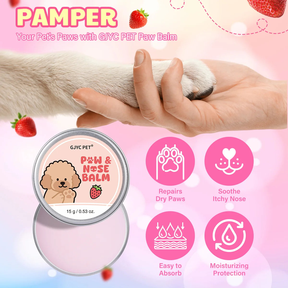 GJYC PET Strawberry Scented Natural Gentle Nourishing Pet Paw Care Cream Softens Pads Prevents Cracked Paws For Dogs Cats