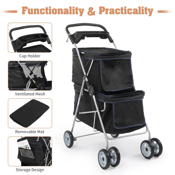 Pet Stroller for 2 Dogs/Cats, Double 4-Wheel Carrier Jogger for Small-Medium Pets, Waterproof Folding Crate with Soft Pad.