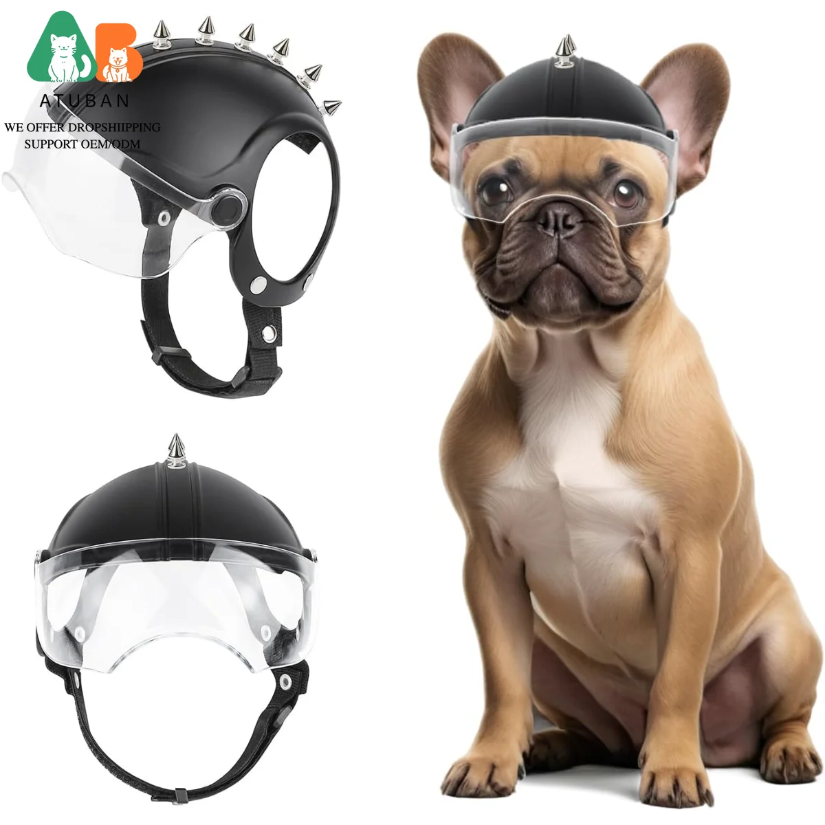 ATUBAN Dog Helmet Small Breed,Dog Motorcycle Helmet Drop-Down Clear Visor for Outdoor Motorcycling Windproof Pet Hat with Rivet