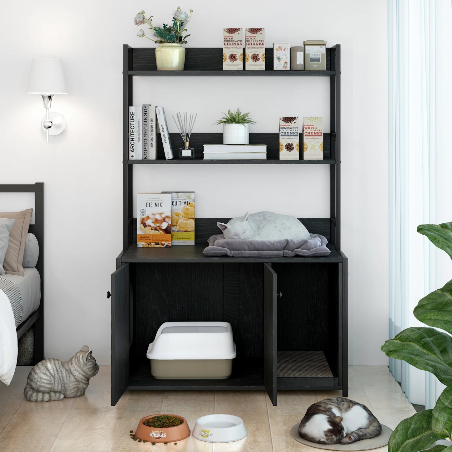 Wooden Hidden Cat Litter Box Enclosure Furniture with Shelves 2 Door Indoor Cat Sanctuary House with Scratch Pad Pets Product