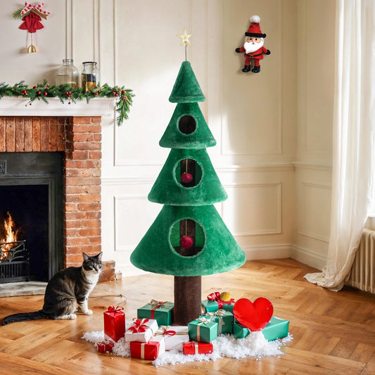 HOOMIC 63 Inches Cat Christmas Tree/Cat Tower/Cat House with Plush Ball/Cat Toys/Cozy Cat Condo for Indoor Cats/Wide Base/Green