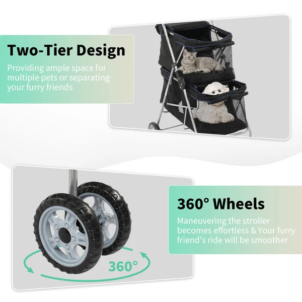 Pet Stroller for 2 Dogs/Cats, Double 4-Wheel Carrier Jogger for Small-Medium Pets, Waterproof Folding Crate with Soft Pad.
