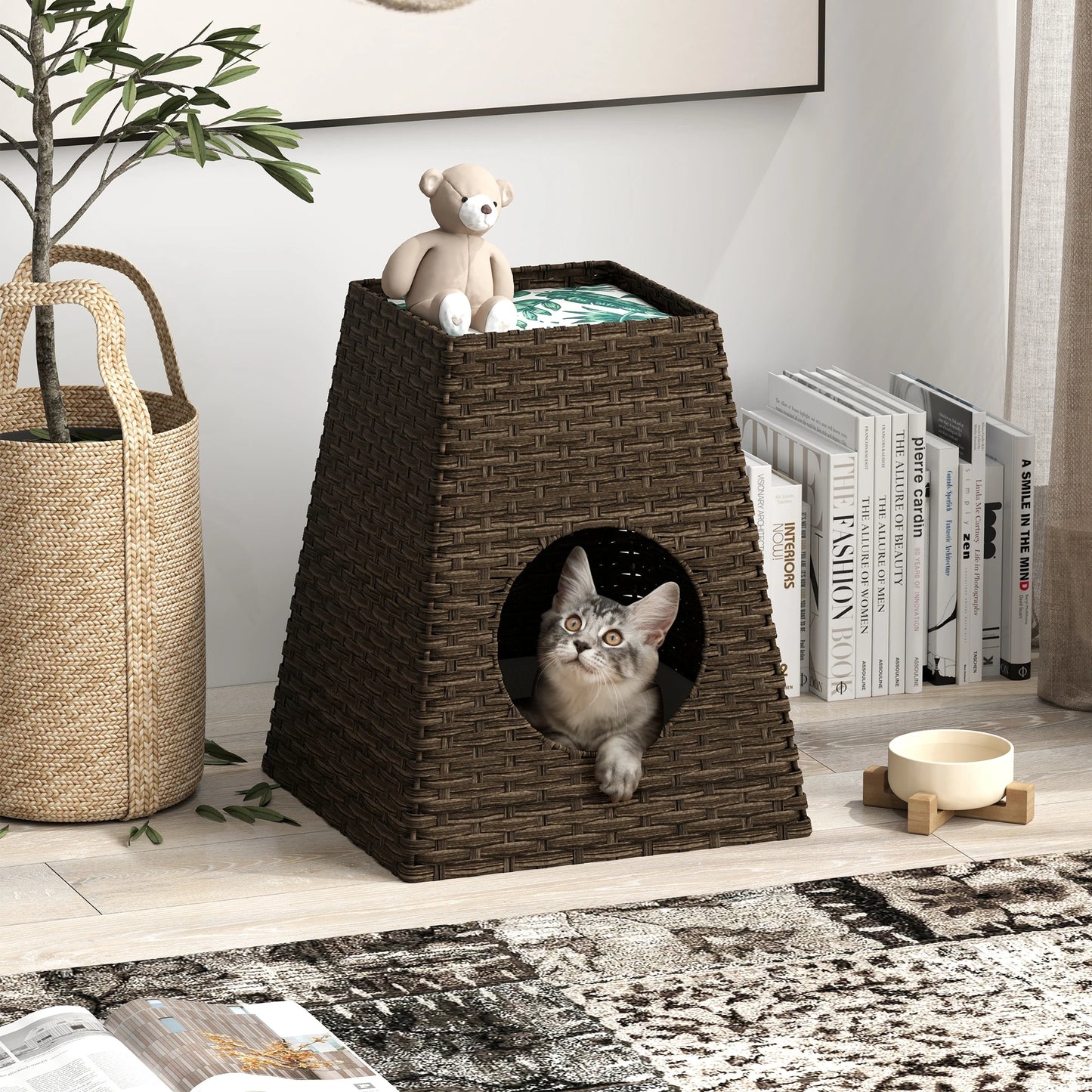 Woven Rattan Cat Litter Box Enclosure Furniture, Rattan Cat House with Cat Litter Box, Detachable Cat Washroom with Cotton Linen