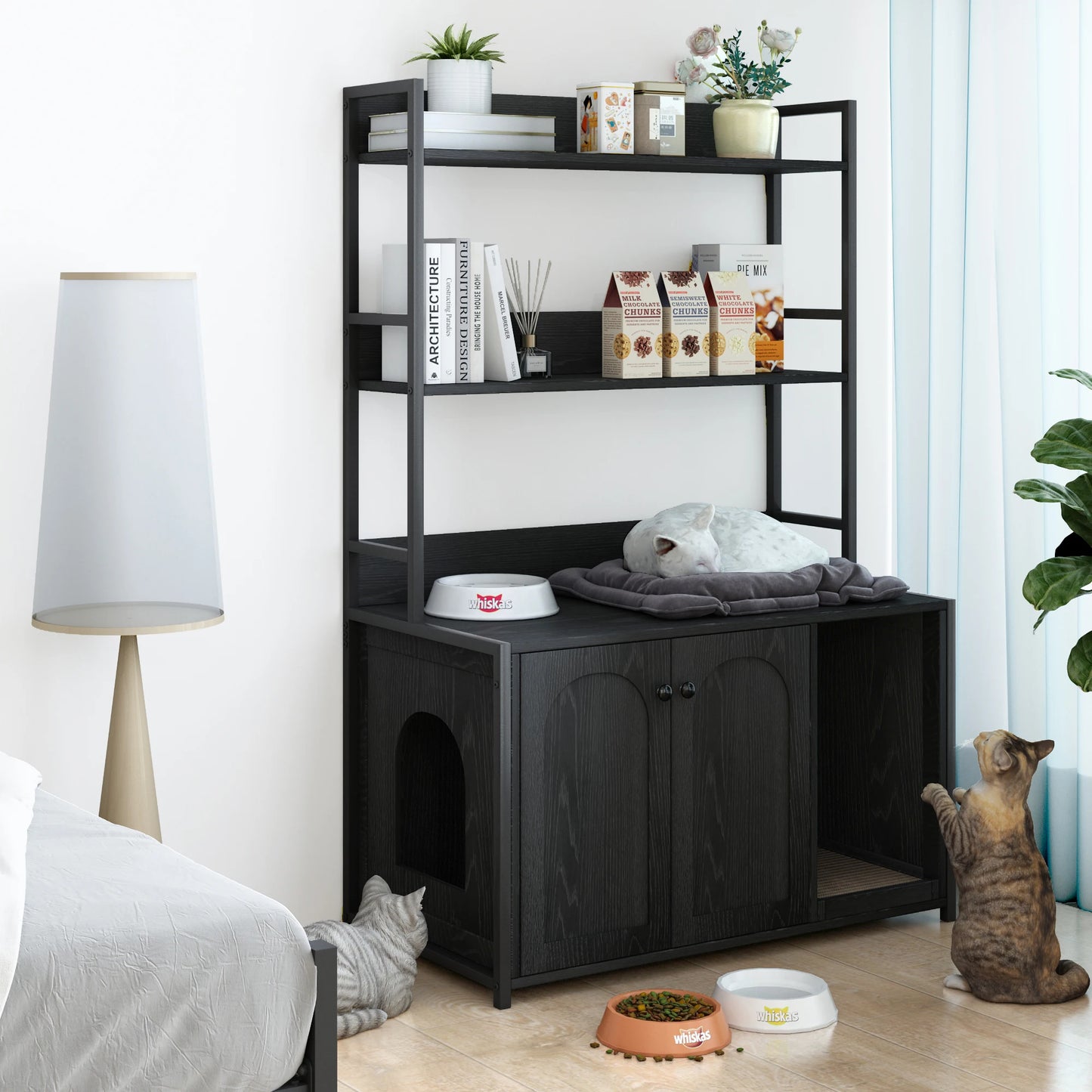 Wooden Hidden Cat Litter Box Enclosure Furniture with Shelves 2 Door Indoor Cat Sanctuary House with Scratch Pad Pets Product
