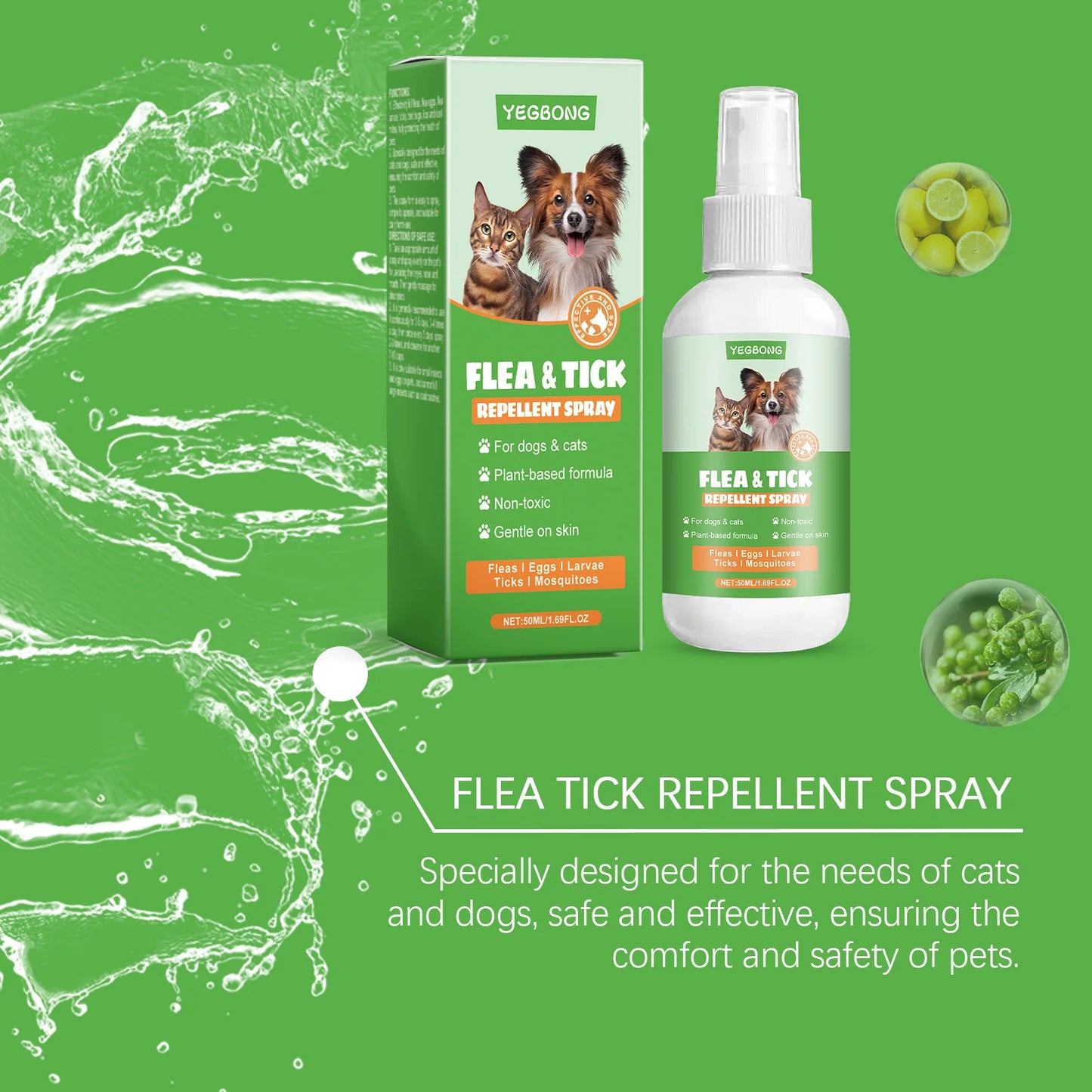 YEGBONG 50ml Pet Flea Mite Defense Spray Hypoallergenic Gentle Coat Care for Dogs and Cats with Non Toxic Plant Based Formula