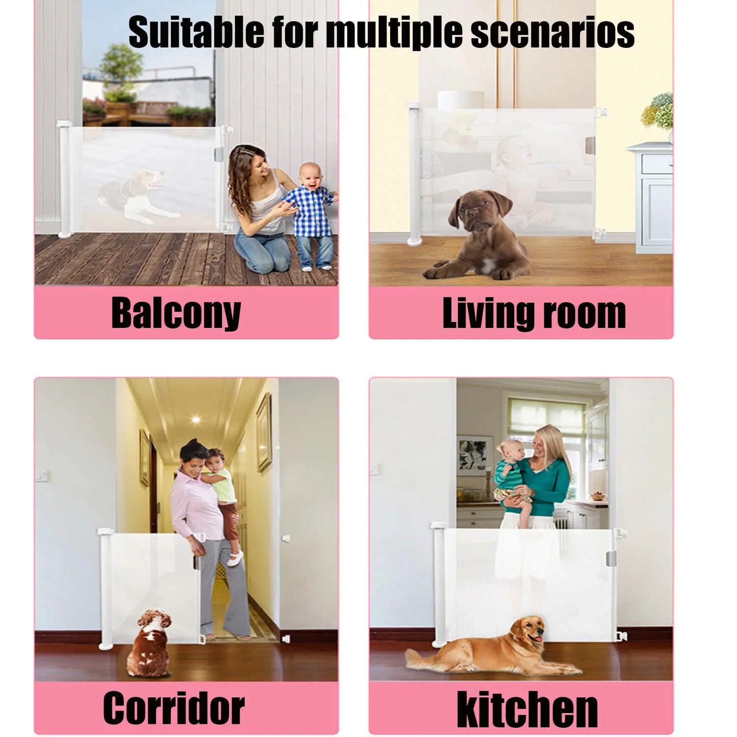 Extra Wide Kids Pets Gate Retractable Dog Gate for Babies and Pets, White Child Baby Gates, One Handed Operation Mesh Safety