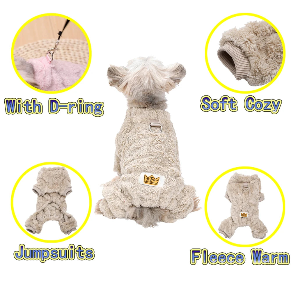 Winter Fleece Warm Dog Clothes Winter Soft Cozy Puppy Jumpsuit Plush Winter D-ring Overall For Small Medium Pet Vest Coat Cats
