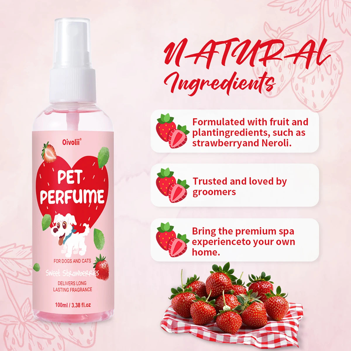 100ml Strawberry Scent Pet Perfume Spray Long-Lasting Deodorant Natural Formula for Dogs Cats All Breeds Air Freshener