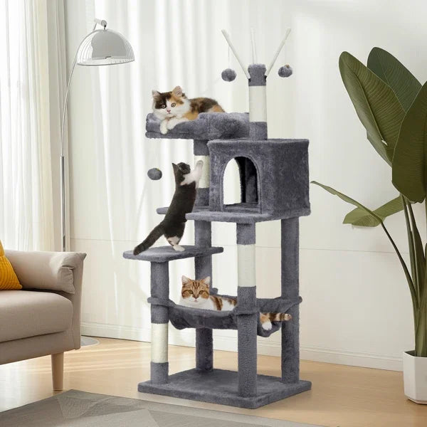 57" Cat Tree Tower for Indoors, Cat House with Padded Bed, Toy Balls, Cozy Condo, Sisal Scratching Posts, Dark Grey.