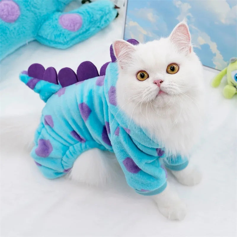Dinosaur Plush Pet Costume 4-Leg Jumpsuit for Cats & Dogs Cute Winter Flannel Cosplay Outfit for Party Festival