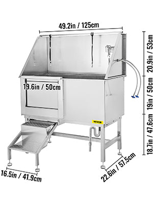 VEVOR 50 Inch Dog Grooming Tub Professional Stainless Steel Pet Dog Bath Tub With Steps Faucet & Accessories Dog Washing Station